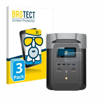 Front side of a product packaging with the brand logo BROTECT. Next to it is the device EcoFlow DELTA 2 shown with the corresp