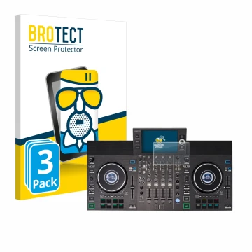 Front side of a product packaging with the brand logo BROTECT. Next to it is the device Denon DJ SC LIVE 4 shown with the corr