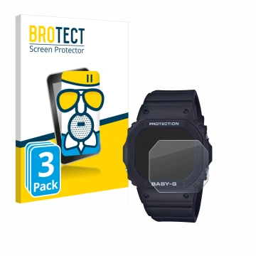 Front side of a product packaging with the brand logo BROTECT. Next to it is the device Casio Baby-G BGD-565 shown with the co