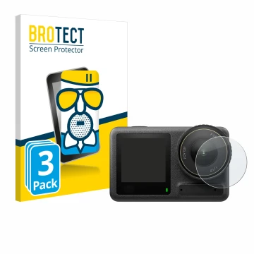 Front side of a product packaging with the brand logo BROTECT. Next to it is the device DJI Osmo Action 4 (Lens) shown with th