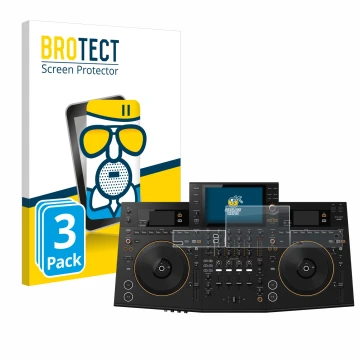 Front side of a product packaging with the brand logo BROTECT. Next to it is the device Pioneer OPUS-QUAD shown with the corre