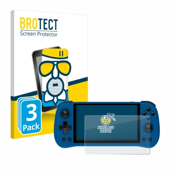 Front side of a product packaging with the brand logo BROTECT. Next to it is the device Powkiddy X55 shown with the correspond