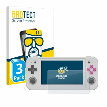 Front side of a product packaging with the brand logo BROTECT. Next to it is the device Anbernic RG505 shown with the correspo