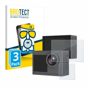 Front side of a product packaging with the brand logo BROTECT. Next to it is the device Akaso Brave 4 Pro shown with the corre