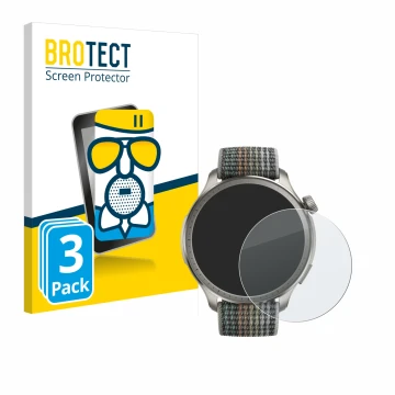 Front side of a product packaging with the brand logo BROTECT. Next to it is the device Huami Amazfit Balance shown with the c