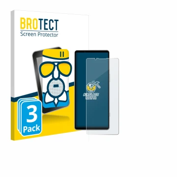 Front side of a product packaging with the brand logo BROTECT. Next to it is the device Sony Xperia 5 V shown with the corresp