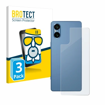 Front side of a product packaging with the brand logo BROTECT. Next to it is the device Sony Xperia 5 V (Back) shown with the 