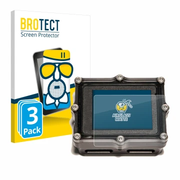 Front side of a product packaging with the brand logo BROTECT. Next to it is the device Shearwater Petrel 2 dive computer show