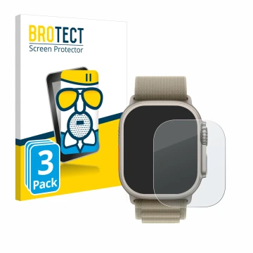 Front side of a product packaging with the brand logo BROTECT. Next to it is the device Apple Watch Ultra 2 (49 mm) shown with