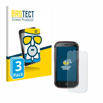 Front side of a product packaging with the brand logo BROTECT. Next to it is the device Unihertz Jelly Star shown with the cor