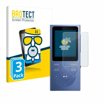 Front side of a product packaging with the brand logo BROTECT. Next to it is the device Sony Walkman NW-E394 shown with the co