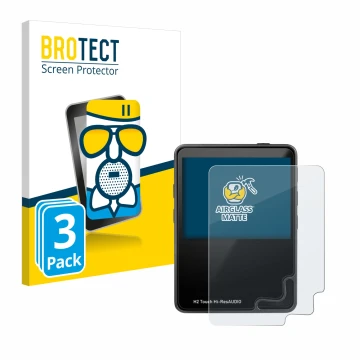 Front side of a product packaging with the brand logo BROTECT. Next to it is the device HifiWalker H2 touch shown with the cor