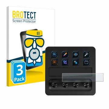 Front side of a product packaging with the brand logo BROTECT. Next to it is the device Elgato Stream Deck + shown with the co