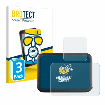 Front side of a product packaging with the brand logo BROTECT. Next to it is the device GoPro Hero 12 Black shown with the cor