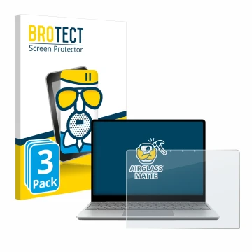 Front side of a product packaging with the brand logo BROTECT. Next to it is the device Microsoft Surface Laptop Go 3 Business