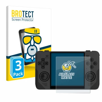 Front side of a product packaging with the brand logo BROTECT. Next to it is the device Powkiddy RGB30 shown with the correspo