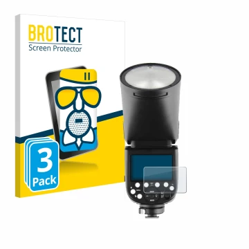 Front side of a product packaging with the brand logo BROTECT. Next to it is the device Godox V1 shown with the corresponding 