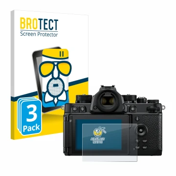 Front side of a product packaging with the brand logo BROTECT. Next to it is the device Nikon Z F shown with the corresponding