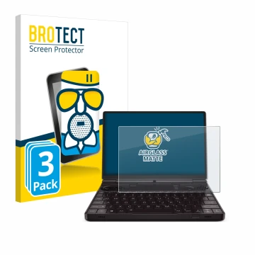 Front side of a product packaging with the brand logo BROTECT. Next to it is the device GPD Win Max 2 2023 shown with the corr
