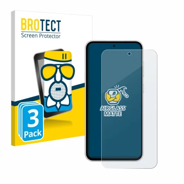 Front side of a product packaging with the brand logo BROTECT. Next to it is the device Samsung Galaxy S23 FE shown with the c