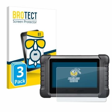Front side of a product packaging with the brand logo BROTECT. Next to it is the device Autel MaxiCheck MX808s shown with the 