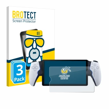 Front side of a product packaging with the brand logo BROTECT. Next to it is the device Sony Playstation Portal shown with the