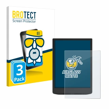 Front side of a product packaging with the brand logo BROTECT. Next to it is the device PocketBook InkPad Color 3 shown with t