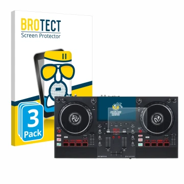 Front side of a product packaging with the brand logo BROTECT. Next to it is the device Numark Mixstream Pro+ shown with the c