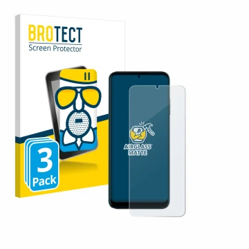 Front side of a product packaging with the brand logo BROTECT. Next to it is the device Telekom T Phone Pro shown with the cor