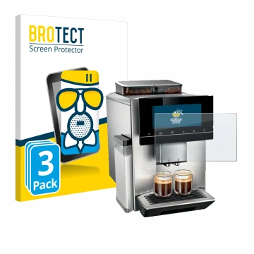 Front side of a product packaging with the brand logo BROTECT. Next to it is the device Siemens EQ900 TQ907D03 shown with the 