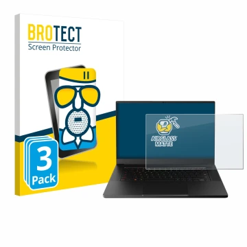 Front side of a product packaging with the brand logo BROTECT. Next to it is the device Razer Blade 15 Advanced 2021 shown wit