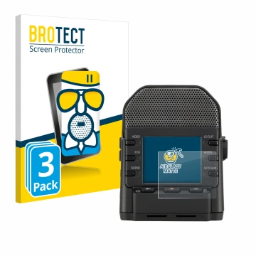 Front side of a product packaging with the brand logo BROTECT. Next to it is the device Zoom Q2n-4K shown with the correspondi