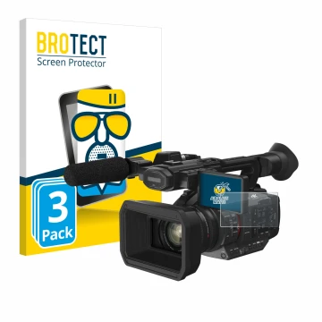 Front side of a product packaging with the brand logo BROTECT. Next to it is the device Panasonic HC-X2 shown with the corresp