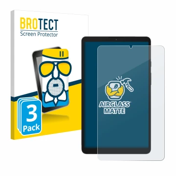 Front side of a product packaging with the brand logo BROTECT. Next to it is the device Samsung Galaxy Tab A9 WiFi shown with 