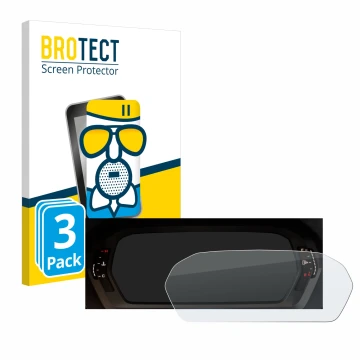 Front side of a product packaging with the brand logo BROTECT. Next to it is the device Audi A3 2023 Virtual cockpit shown wit