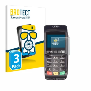 Front side of a product packaging with the brand logo BROTECT. Next to it is the device ingenico Desk/3500 shown with the corr