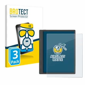 Front side of a product packaging with the brand logo BROTECT. Next to it is the device Boox Tab Ultra C Pro shown with the co