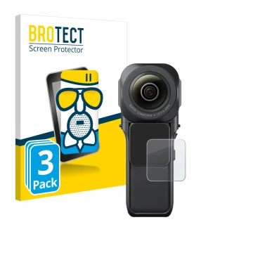 Front side of a product packaging with the brand logo BROTECT. Next to it is the device Insta360 One RS 1-Zoll 360 shown with 