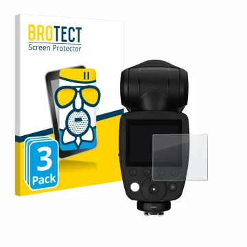 Front side of a product packaging with the brand logo BROTECT. Next to it is the device Profoto A10 shown with the correspondi