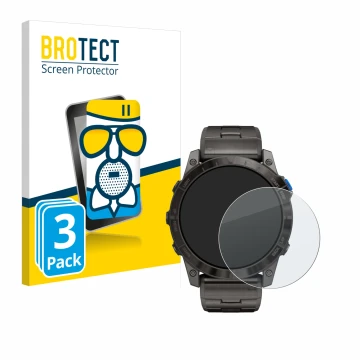 Front side of a product packaging with the brand logo BROTECT. Next to it is the device Garmin D2 Mach1 Pro shown with the cor