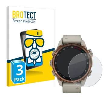 Front side of a product packaging with the brand logo BROTECT. Next to it is the device Garmin Descent Mk3 (43 mm) shown with 