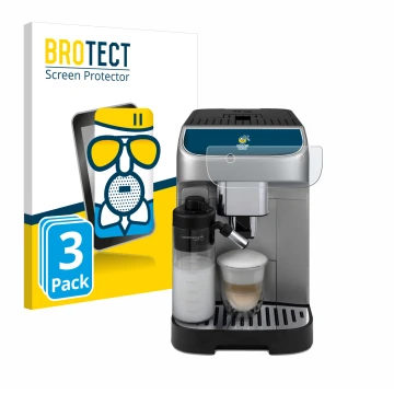 Front side of a product packaging with the brand logo BROTECT. Next to it is the device DeLonghi Magnifica Plus shown with the