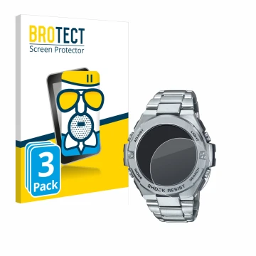 Front side of a product packaging with the brand logo BROTECT. Next to it is the device Casio G-Shock GST-B500D-1A shown with 