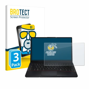 Front side of a product packaging with the brand logo BROTECT. Next to it is the device Fujitsu Lifebook E5412 shown with the 