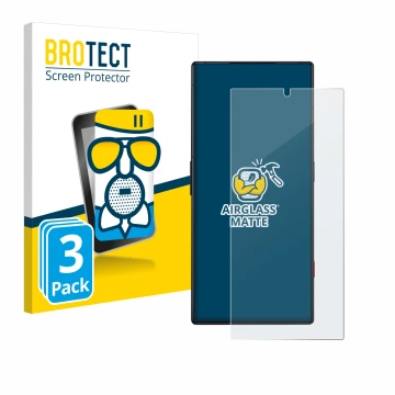 Front side of a product packaging with the brand logo BROTECT. Next to it is the device ZTE Nubia Red Magic 8 Pro shown with t