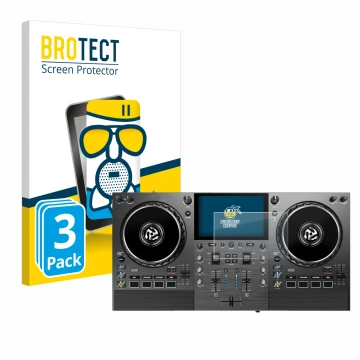 Front side of a product packaging with the brand logo BROTECT. Next to it is the device Numark Mixstream Pro Go shown with the