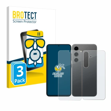Front side of a product packaging with the brand logo BROTECT. Next to it is the device Samsung Galaxy S24 (Front+Back) shown 