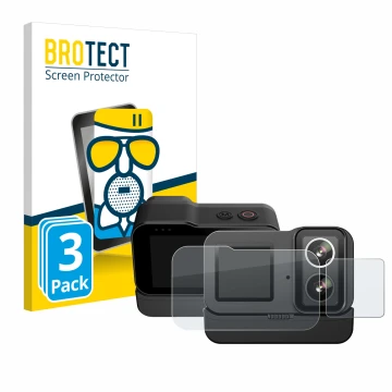 Front side of a product packaging with the brand logo BROTECT. Next to it is the device SJCAM SJ20 Dual Lens shown with the co