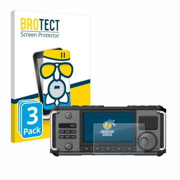 Front side of a product packaging with the brand logo BROTECT. Next to it is the device Xiegu X6200 shown with the correspondi