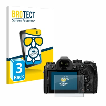 Front side of a product packaging with the brand logo BROTECT. Next to it is the device Olympus OM System OM-1 Mark II shown w